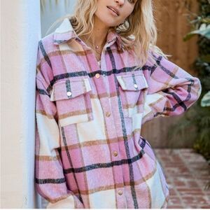 Lulu’s- “Choose Your Vibe” Pink Shacket Full Button Down Plaid Oversized- Size M